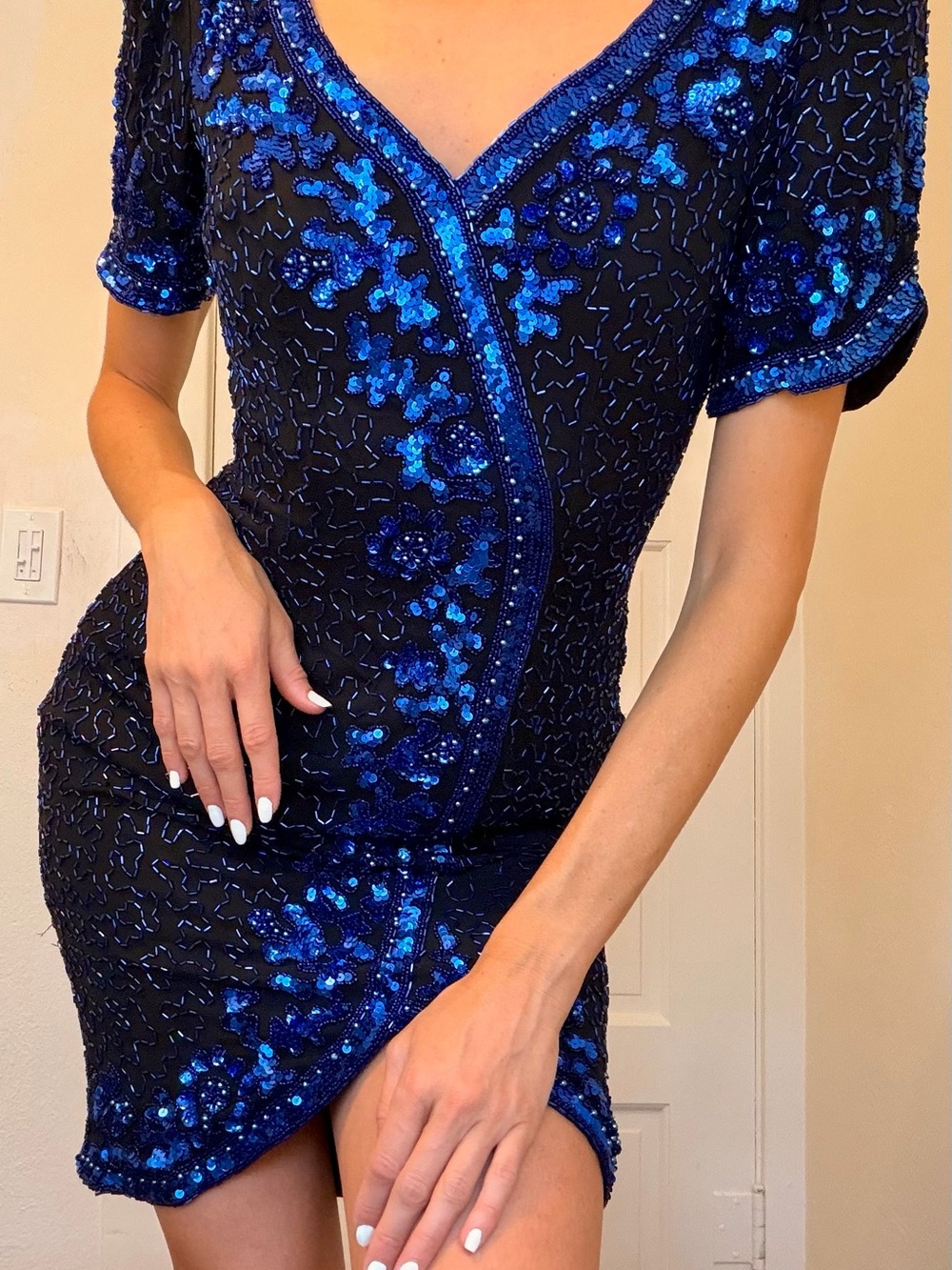 Vintage Niteline by Della Roufogali Blue Sequin Silk Cocktail Mini Dress